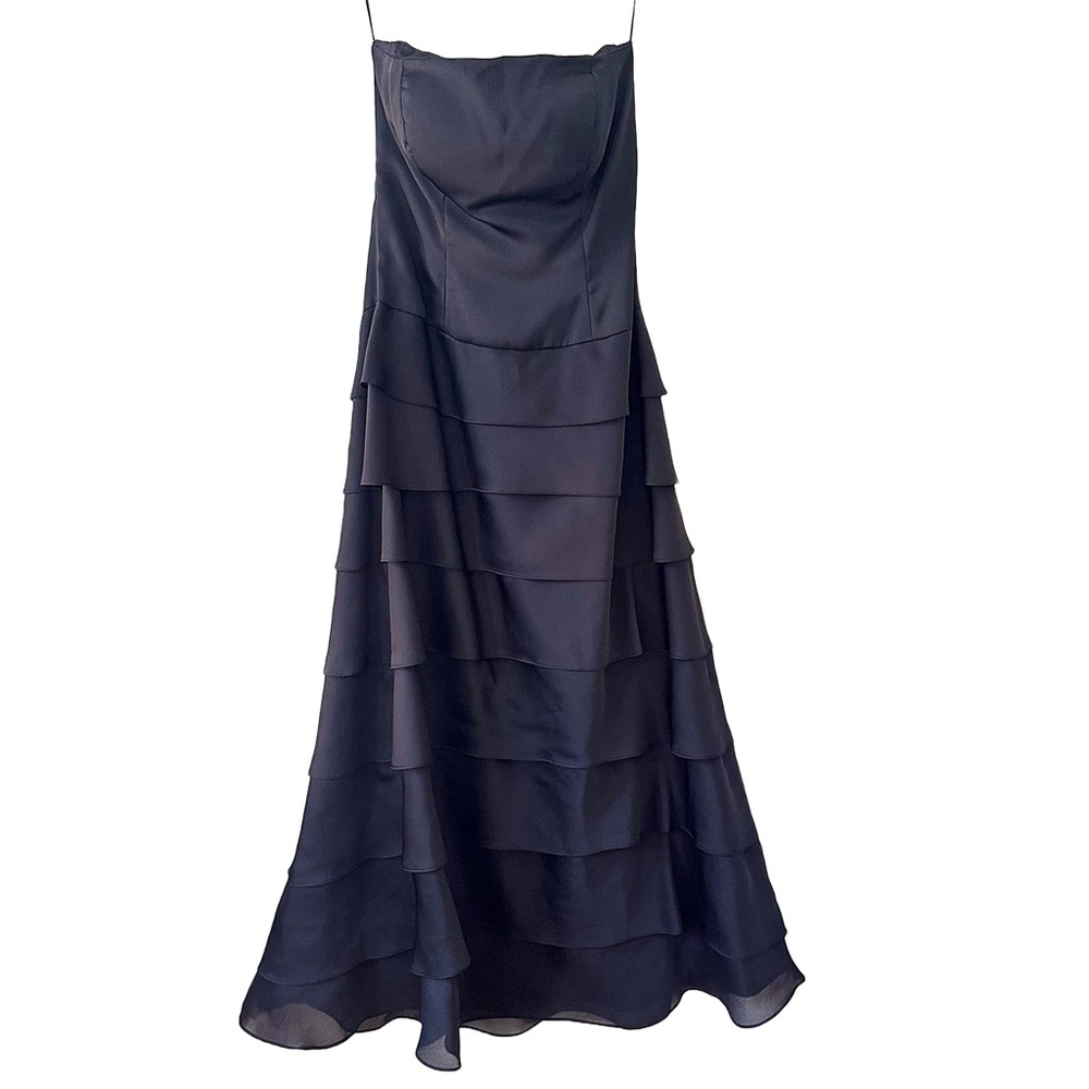 Lazaro Vintage Black Ruffled Cocktail Dress Satin Strapless Size 10